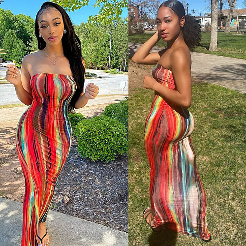 Colorful Tie-Dye Off-The-Shoulder Strapless Dress BGN-063