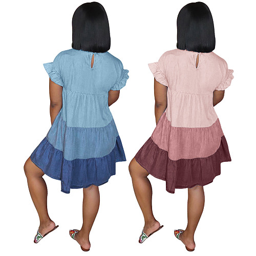 Gradient Stitching Fashion Round Neck Pleating Mid Length Dress ASL-6278