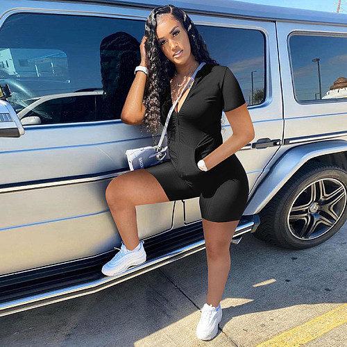 Women Set Solid Zipper Short Sleeve Tops Shorts Two Piece Set WSY-5861