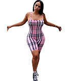Summer Plaid Print Bodycon Backless Spaghetti Strap Romper AL-024