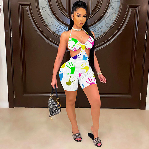 Sexy Colorful Hand Graffiti Print Halter Neck Backless Rompers WSY-5852