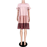 Gradient Stitching Fashion Round Neck Pleating Mid Length Dress ASL-6278