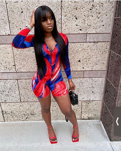 Fashion Printed Zipper Sportswear Long Sleeve Skinny Rompers XING-045