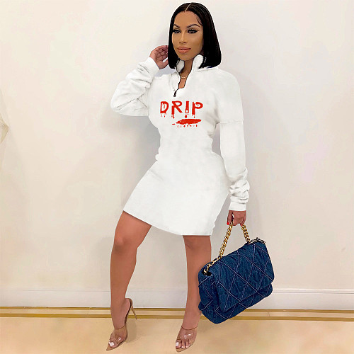 Women Fashion Letter Print Zipper Up Long Sleeve Midi Dress XING-033