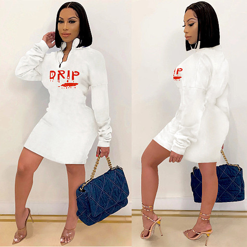 Women Fashion Letter Print Zipper Up Long Sleeve Midi Dress XING-033