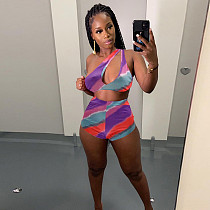 Gradient Striped Print One-shoulder Crop Tops Shorts 2 Piece Outfit MEY-2036