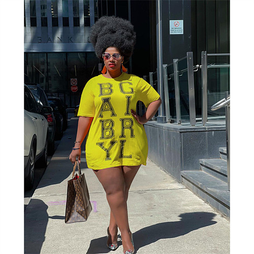 Plus Size Letter Print O-neck Short Sleeve T-shirt Mini Dress FOS-8079