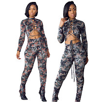 Women Camouflage Lace Up Hollow Out Long Sleeve Jumpsuit  WSY-5816