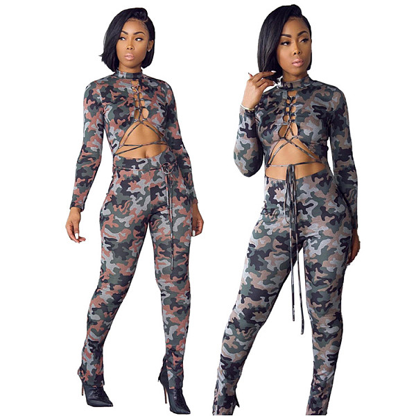 Women Camouflage Lace Up Hollow Out Long Sleeve Jumpsuit WSY-5816