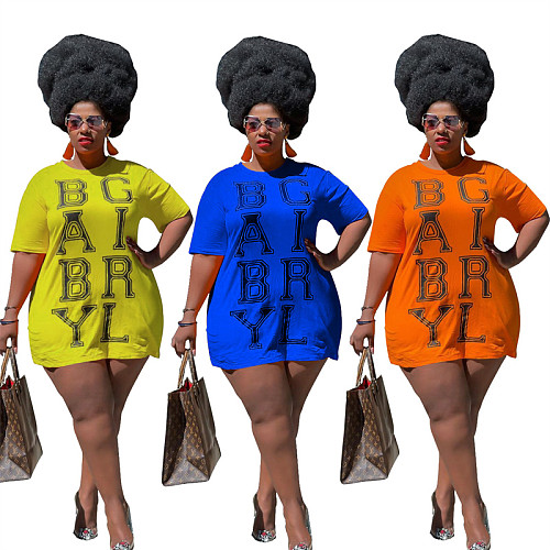 Plus Size Letter Print O-neck Short Sleeve T-shirt Mini Dress FOS-8079