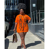 Plus Size Letter Print O-neck Short Sleeve T-shirt Mini Dress FOS-8079