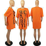 Plus Size Letter Print O-neck Short Sleeve T-shirt Mini Dress FOS-8079