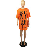 Plus Size Letter Print O-neck Short Sleeve T-shirt Mini Dress FOS-8079