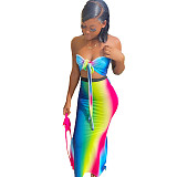 Rainbow Gradient Off Shoulder Bow Tie Crop Top Long Skirt 2 Piece Set WSY-5831