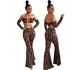Leopard Off Shoulder Long Sleeve Crop Top Flare Pants 2 Piece Set FOS-8053