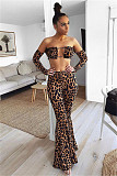 Leopard Off Shoulder Long Sleeve Crop Top Flare Pants 2 Piece Set FOS-8053