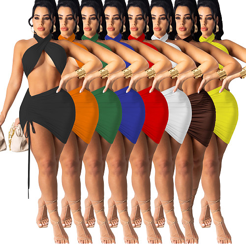 Mini Skirts Criss Cross Halter Crop Top 2 Piece Set FOS-8049