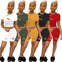 Solid Elastic Short Sleeve Hollow Crop Top Shorts 2 Piece Set FOS-8076