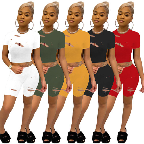 Solid Elastic Short Sleeve Hollow Crop Top Shorts 2 Piece Set FOS-8076