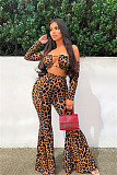 Leopard Off Shoulder Long Sleeve Crop Top Flare Pants 2 Piece Set FOS-8053