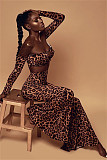 Leopard Off Shoulder Long Sleeve Crop Top Flare Pants 2 Piece Set FOS-8053