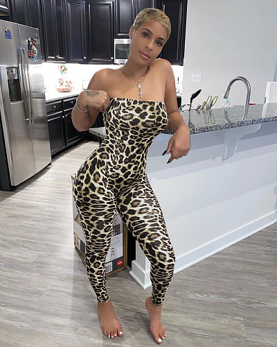 New Arrivals Leopard Printed Women Strapless Skinny Jumpsuits FOS-8050