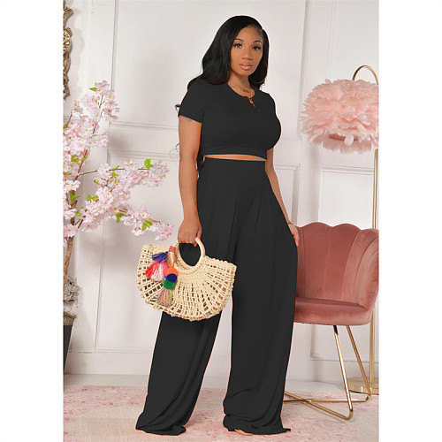 Solid Short Sleeve Crop Tops Wide Leg Pants Two Piece Set FOS-8059