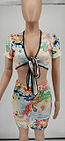 Summer V Neck Lace Up Short Sleeve Crop Top Mini Skirt Two Piece Set WSY-5869