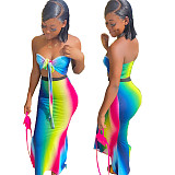 Rainbow Gradient Off Shoulder Bow Tie Crop Top Long Skirt 2 Piece Set WSY-5831