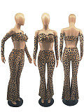 Leopard Off Shoulder Long Sleeve Crop Top Flare Pants 2 Piece Set FOS-8053
