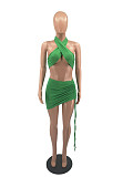 Mini Skirts Criss Cross Halter Crop Top 2 Piece Set FOS-8049