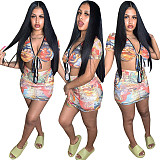 Summer V Neck Lace Up Short Sleeve Crop Top Mini Skirt Two Piece Set WSY-5869