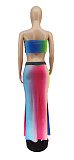 Rainbow Gradient Off Shoulder Bow Tie Crop Top Long Skirt 2 Piece Set WSY-5831