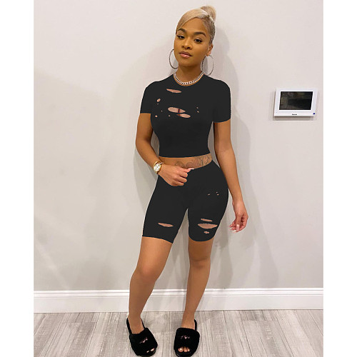 Solid Elastic Short Sleeve Hollow Crop Top Shorts 2 Piece Set FOS-8076