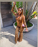 Leopard Off Shoulder Long Sleeve Crop Top Flare Pants 2 Piece Set FOS-8053
