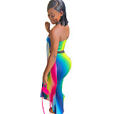 Rainbow Gradient Off Shoulder Bow Tie Crop Top Long Skirt 2 Piece Set WSY-5831