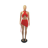Mini Skirts Criss Cross Halter Crop Top 2 Piece Set FOS-8049