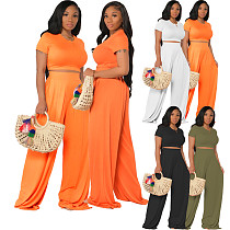 Solid Short Sleeve Crop Tops Wide Leg Pants Two Piece Set FOS-8059