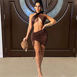 Mini Skirts Criss Cross Halter Crop Top 2 Piece Set FOS-8049
