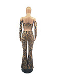 Leopard Off Shoulder Long Sleeve Crop Top Flare Pants 2 Piece Set FOS-8053