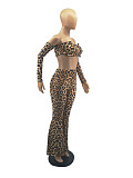 Leopard Off Shoulder Long Sleeve Crop Top Flare Pants 2 Piece Set FOS-8053