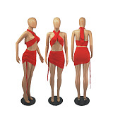 Mini Skirts Criss Cross Halter Crop Top 2 Piece Set FOS-8049