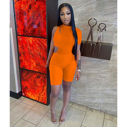 Women Mesh One Short Sleeve Romper+Crop Tops Two Piece Set FOS-8078