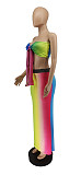 Rainbow Gradient Off Shoulder Bow Tie Crop Top Long Skirt 2 Piece Set WSY-5831