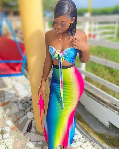 Rainbow Gradient Off Shoulder Bow Tie Crop Top Long Skirt 2 Piece Set WSY-5831