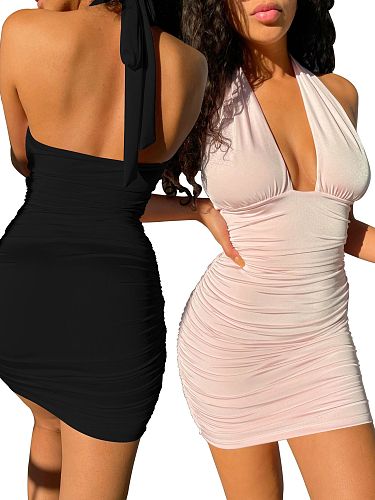Women's Sleeveless Sexy Deep V Neck Halter Bodycon Bandage Dress FOS-8055