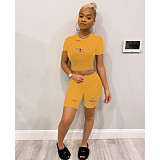 Solid Elastic Short Sleeve Hollow Crop Top Shorts 2 Piece Set FOS-8076