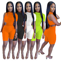 Women Mesh One Short Sleeve Romper+Crop Tops Two Piece Set FOS-8078