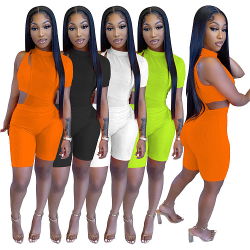 Women Mesh One Short Sleeve Romper+Crop Tops Two Piece Set FOS-8078