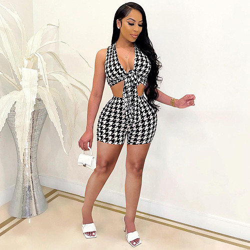 2021 Summer Women's Plaid Sleeveless Crop Tops Streachy Elastic Shorts Skinny Two Piece Set WSY-5866